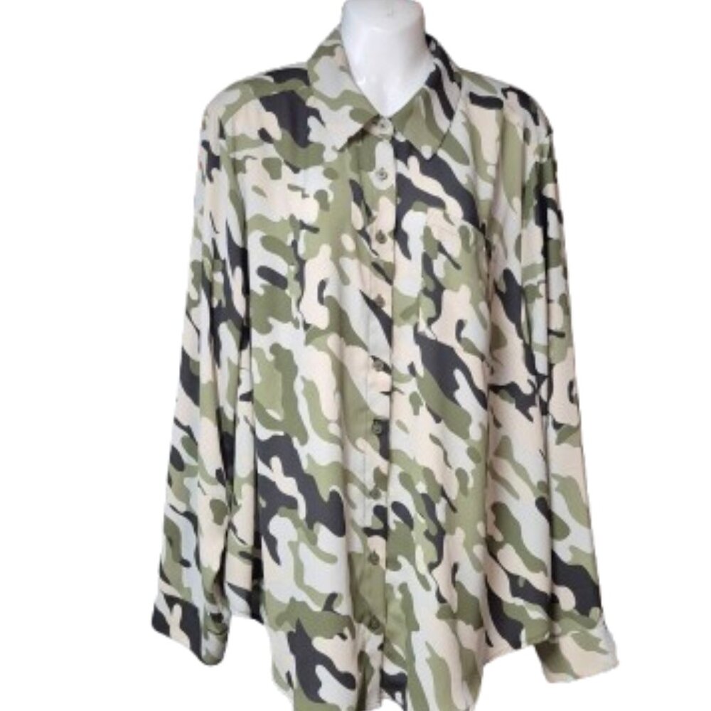 Torrid Georgette Blouse Women's Size 1X Relaxed Shirt Camo Long Sleeve Collared